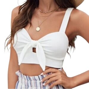 Boho White Knot Tie Front Cutout Crop Top Tank Cami Retro Style Size Large